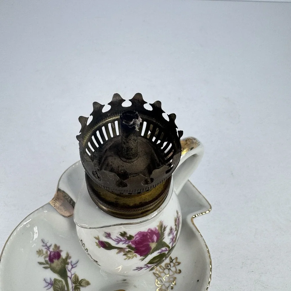Vintage Miniature Finger Oil Lamp Porcelain‎ Floral Base Milk Glass Chimney